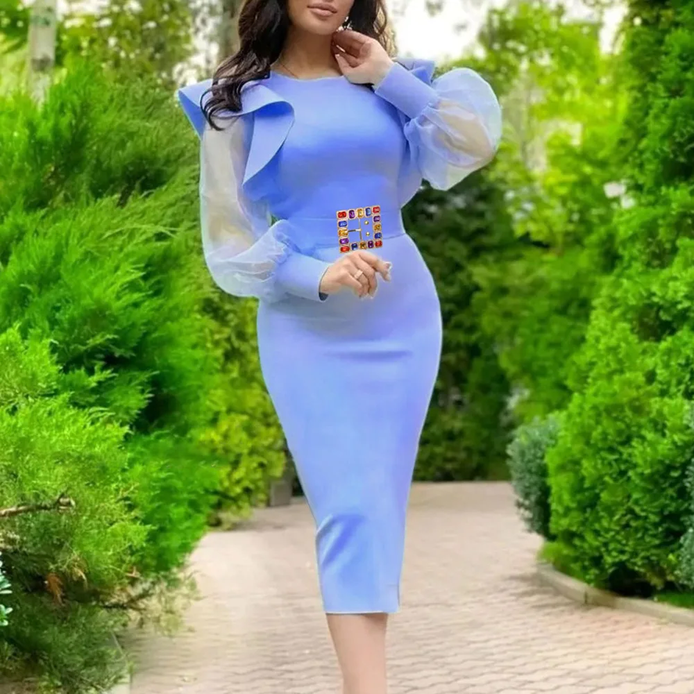 

Blue Party Dresses Women 2022 Spring Ruffles Mush Long Sleeves Elegant High Waist Formal Club Night Fashion Female Dress