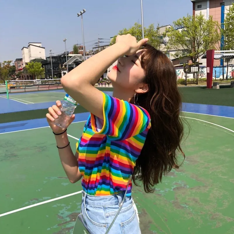 Женская одежда 2020 Повседневная Свободная футболка в радужную полоску женские