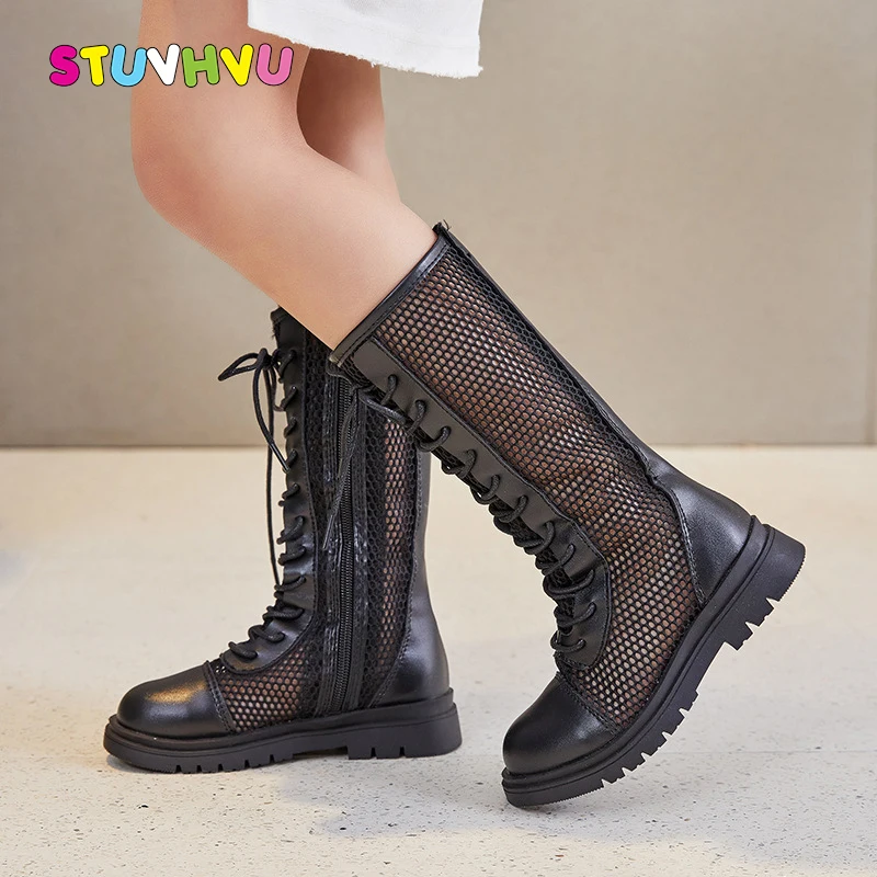 

Children Sandals for Girls Roman Sandals Summer Shoes High-top Boots Mesh Breathable Long Boots Lace Up Girls Shoes Leather Zip