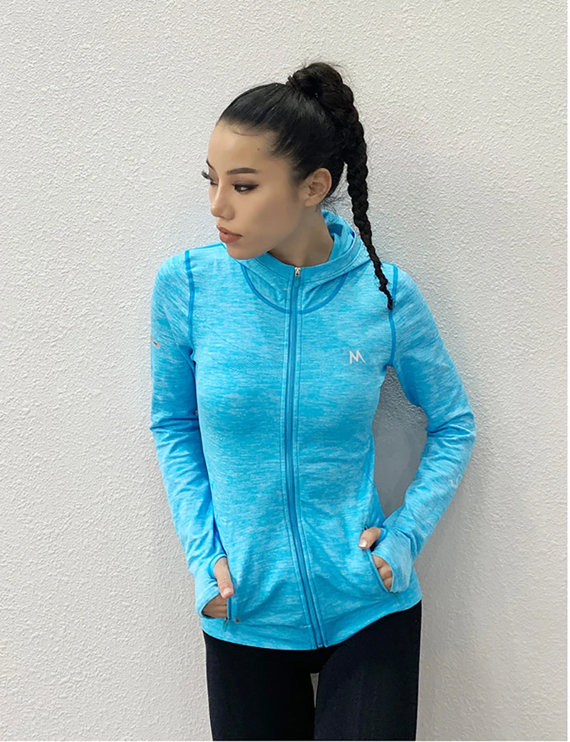 SALSPOR, Женская Спортивная одежда для бега, на молнии, с длинным рукавом, для йоги, фитнеса, топ, быстросохнущая, тонкая одежда для спортзала, осенняя женская спортивная куртка с капюшоном