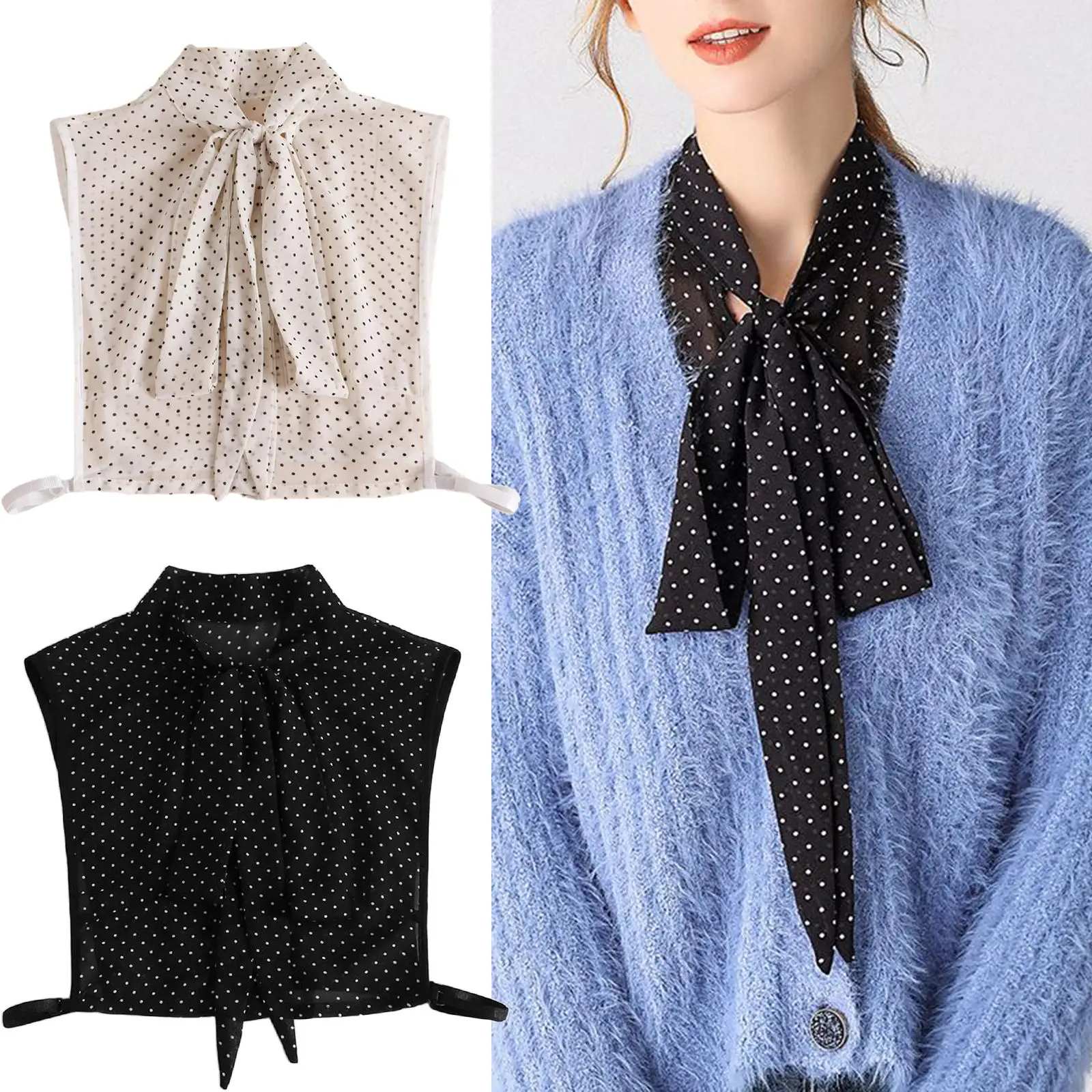 

Womens Chiffon Bowknot Stand False Collar Polka Dot Detachable Half Shirt Collar