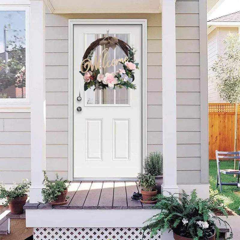 

Welcome Sign Wreath Front Door Hanger with Bow Round Outdoor Hanging Decoration for Home Vertical Sign 9.8 Inch LBS
