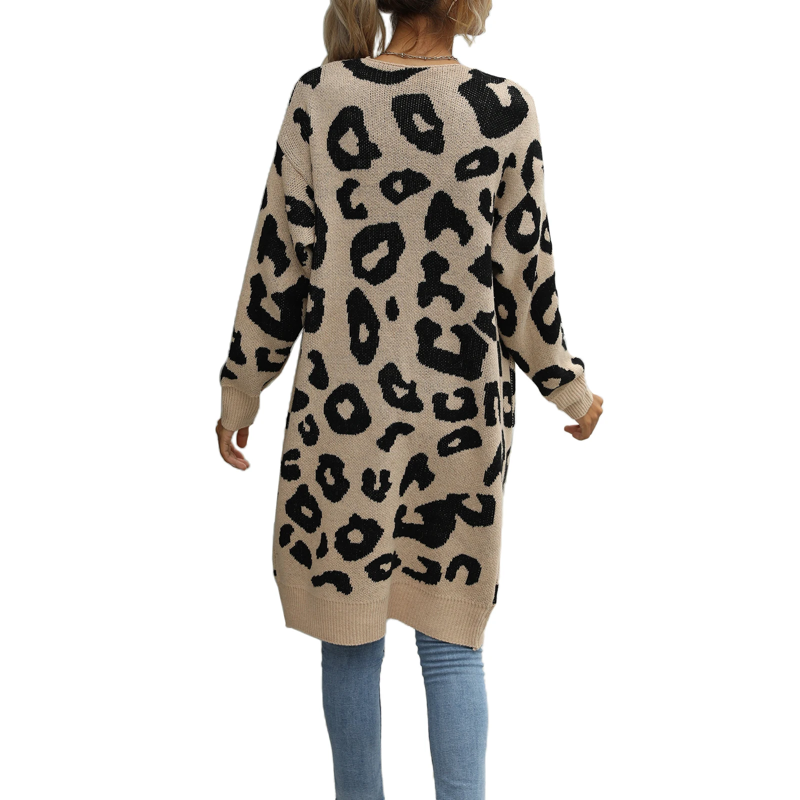 

Womens Casual Knitted Cardigan Long-sleeved Leopard Jacquard Mid-length Coat Girls Autumn/Spring Long Sweater One Size