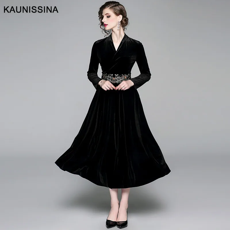 Бархатное коктейльное платье KAUNISSINA элегантное вечернее с длинным рукавом и v