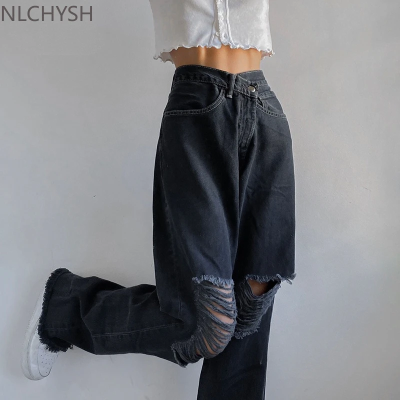 

New Fashion Holes High Waist Jeans Femme Pantalon 90s Vintage Streetwear Loose Korean Trousers Joggers Women Denim Pants