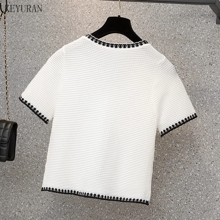 

Plus Size Fashion Knitted Tops Thin Women Korean Ice Silk Cropped Summer Short Sleeve V-neck Button Up Cardigan Knitwear T-Shirt