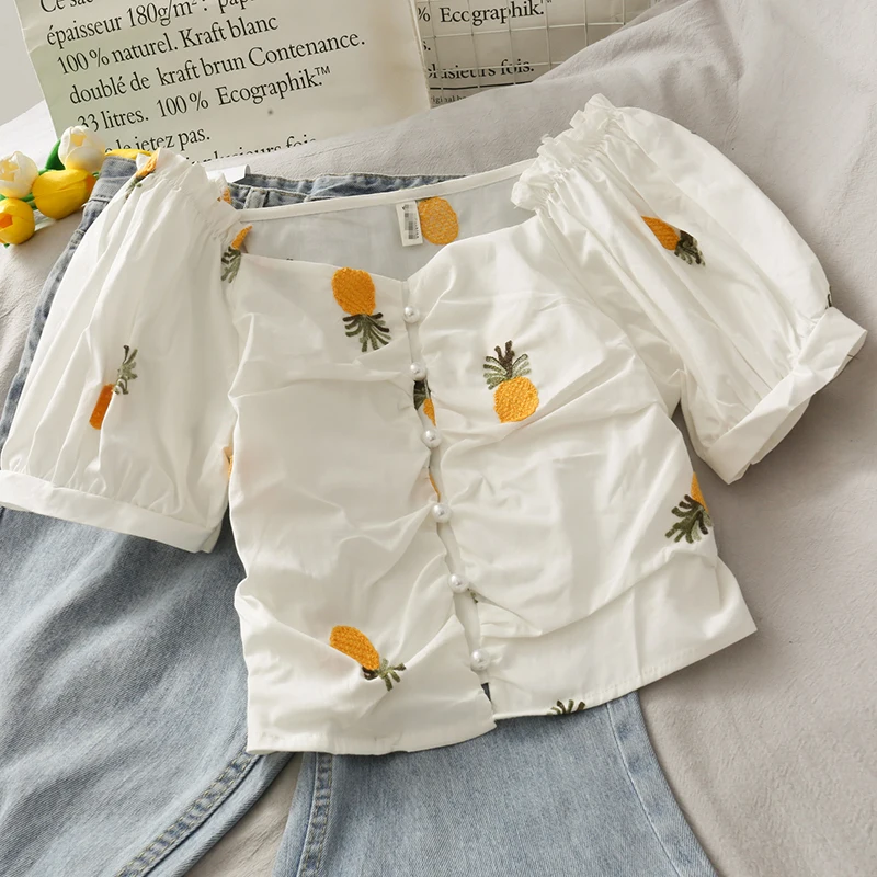 Женская блузка с вышивкой в виде фруктов Pearl Diary белый укороченный топ пышными
