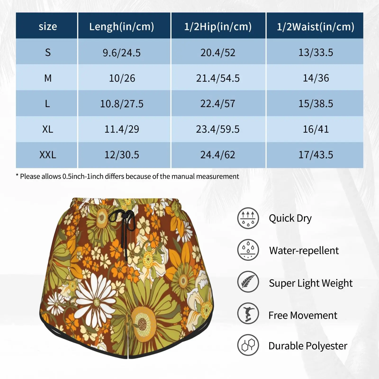 

70s Retro Vintage Flower Power Pattern Swim Shorts Women Beach Shorts 70s Retro Boho Orange Midcentury 60s 70s