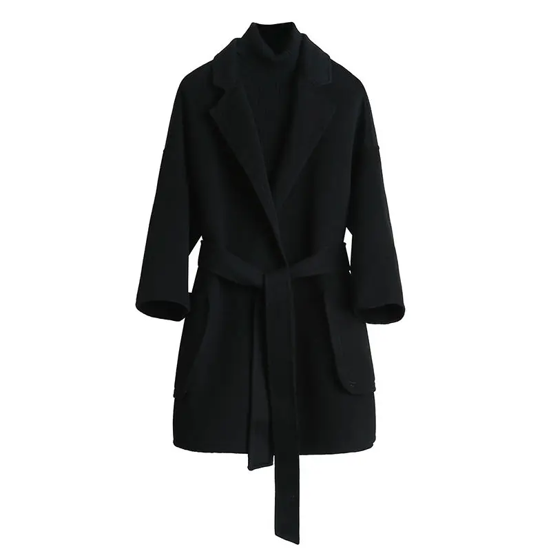 

Black woollen coat women's fashion autumn winter new Korean casual temperament tweed coat women's middle length