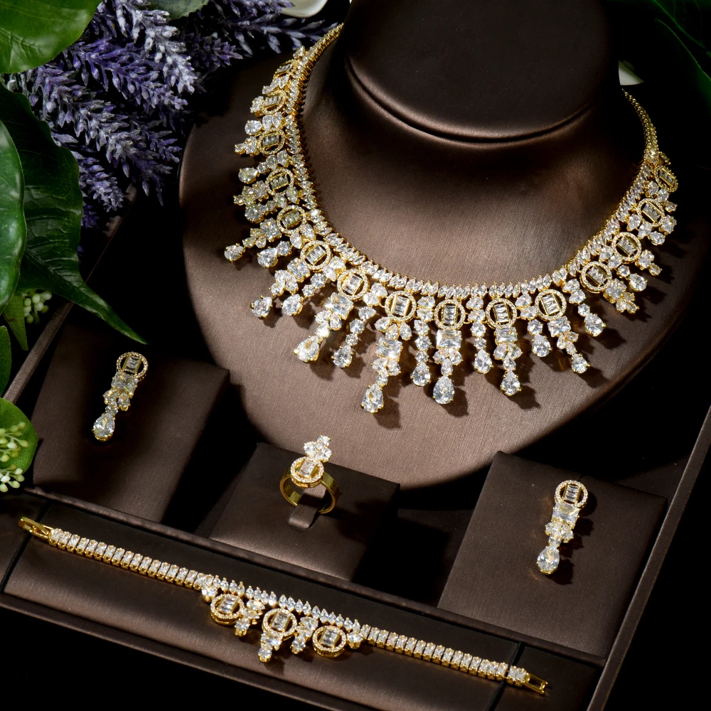 

HIBRIDE Exclusive Clear Crystal Charm 4pcs Necklace Earrings New Shining Dubai Party Wedding Dairy Jewelry Sets for LadiesN-1520