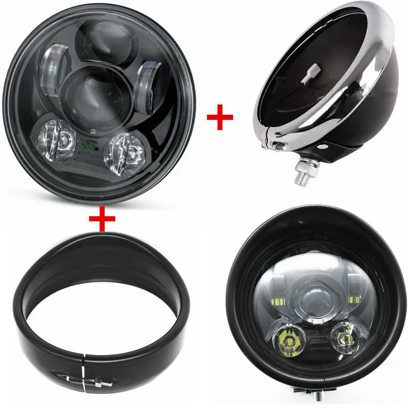 black set Мотоцикл 5-3/" светодиодный круглый налобный фонарь для Harley Sportster 1200 XL хром 5,75 дюймов H4 светодиодный налобный фонарь для мотоцикла - Цвет: black set