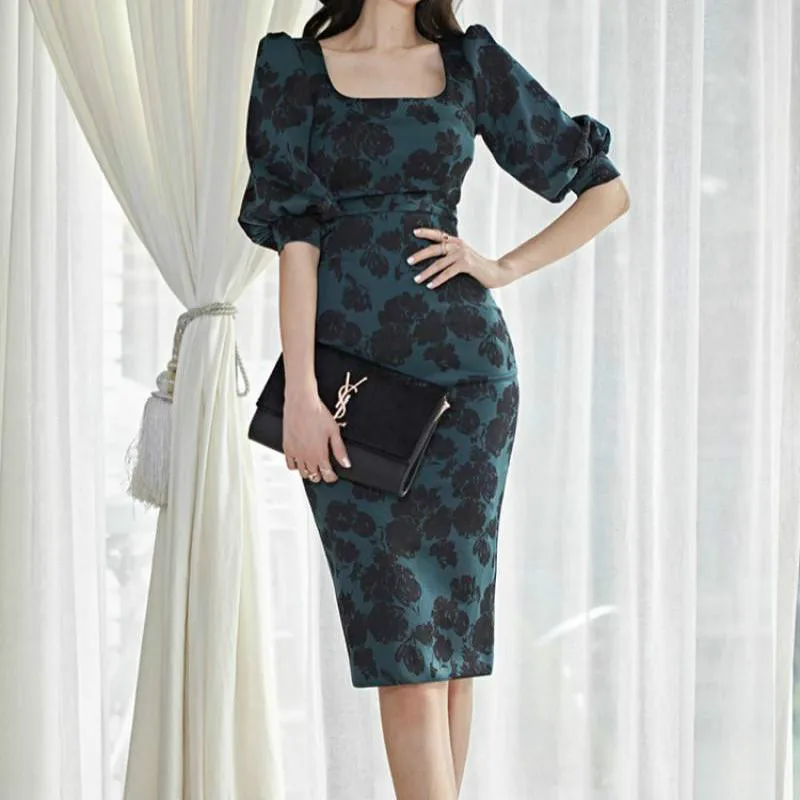 Женское облегающее платье с высокой талией элегантное квадратным вырезом и