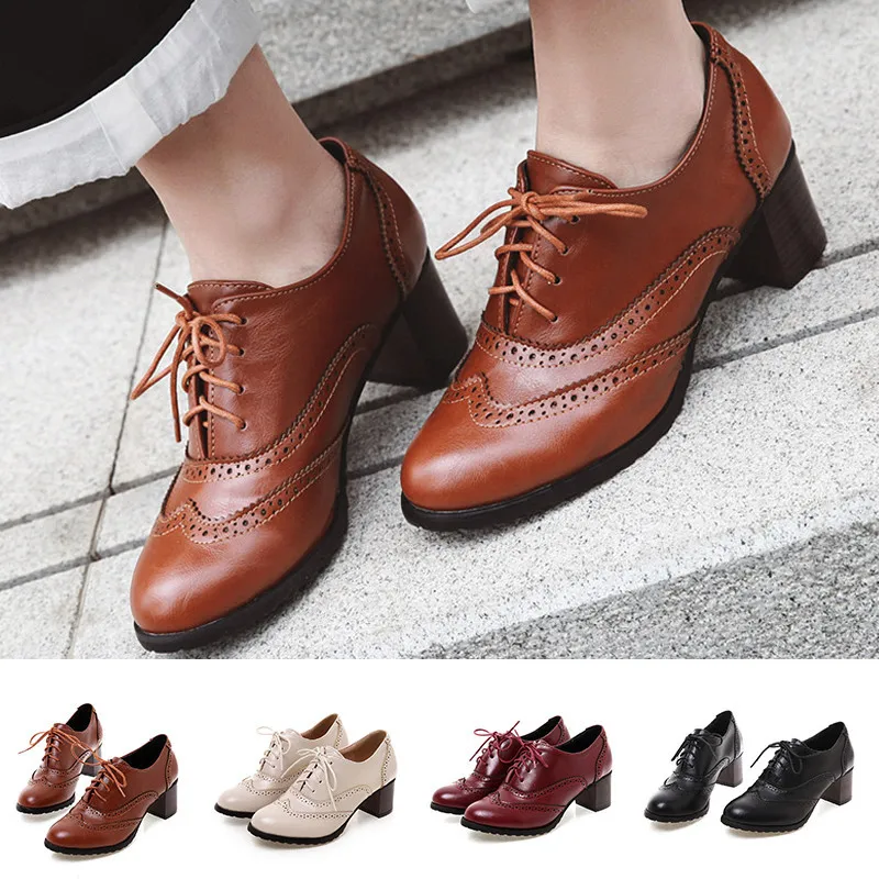 

LIN KING Spring Vintage Woman Lolita Pumps Lace Up Thick Heel Women Single Shoes Big Size 34-43 High Heels Female Oxfords Shoes