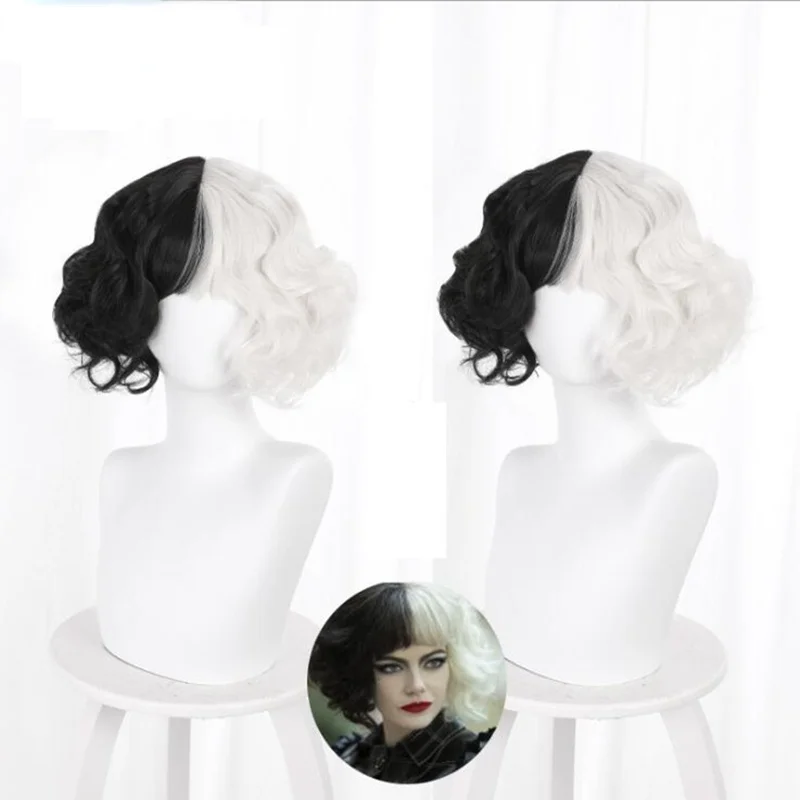 

JOY&BEAUTY Hair Movie Cruella de Vil Cruella Wig Emma Stone Short Black White and Black Brown Curly Hair Wigs Cosplay Props