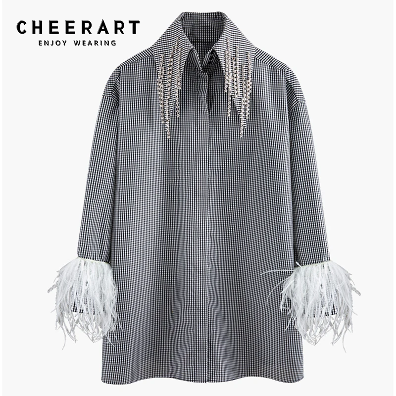 CHEERART клетчатая блузка со стразами женская рубашка с длинным рукавом и перьями