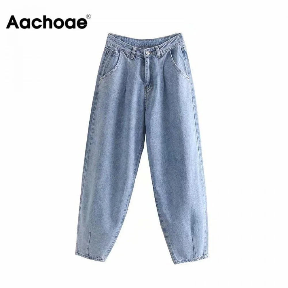 

Aachoae Women Blue Harem Jeans Loose mom Jeans High Waist Streetwear Boyfriends Washed Denim Long Trousers Bottoms Slouchy Jeans