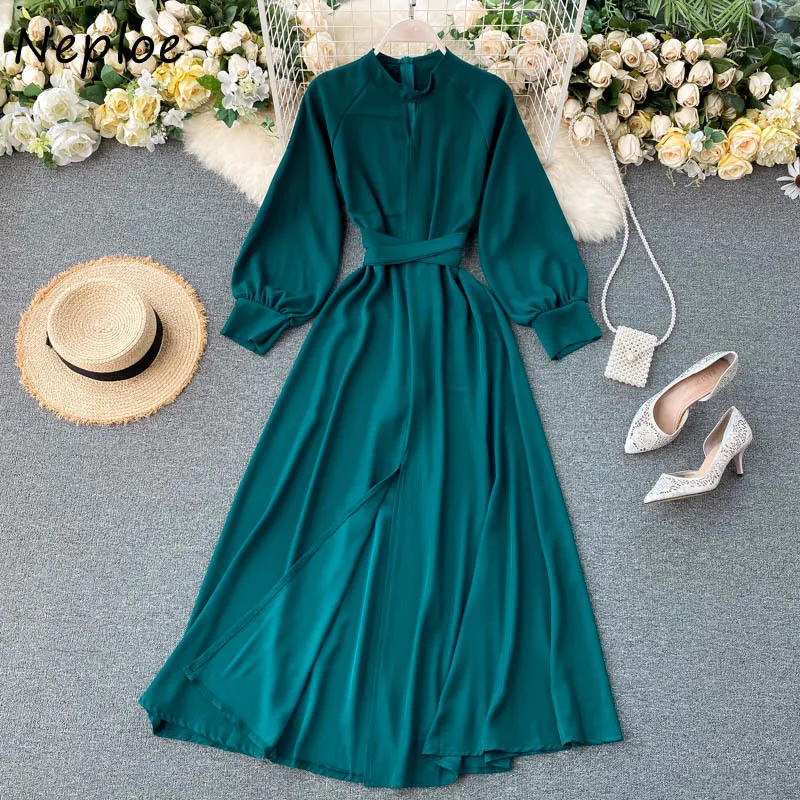 

Neploe Hollow Out Stand Collar Cross Drawstring Dress Fall 2021 New Elegant Slim Fit Femme Vestidos Solid Color Dresses Women