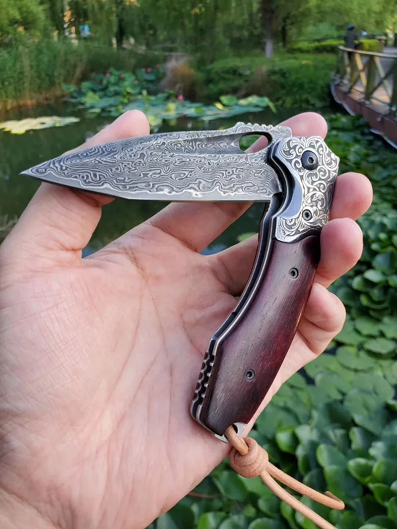 60HRC VG10 Damascus Steel Folding knife Handmade forged Red sandalwood handle with Pocket Sharp Outdoor Tools | Инструменты