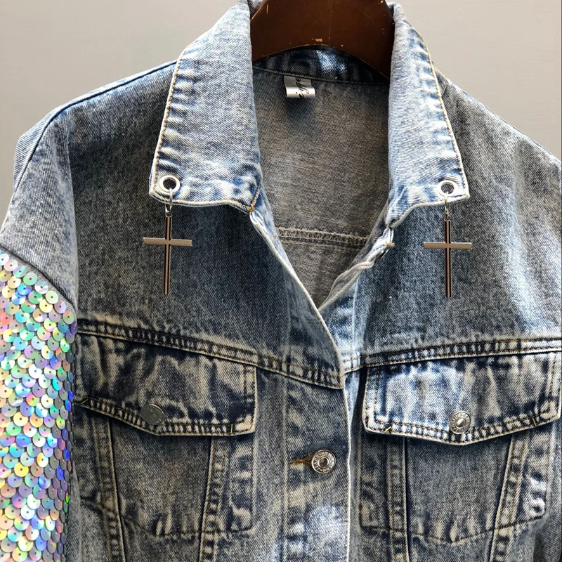 

Design New 2021 Punk Fashion Style Women Spring Jacket Coat Sequins Sleeve Women Denim Long Jacket Coat Crop Tops