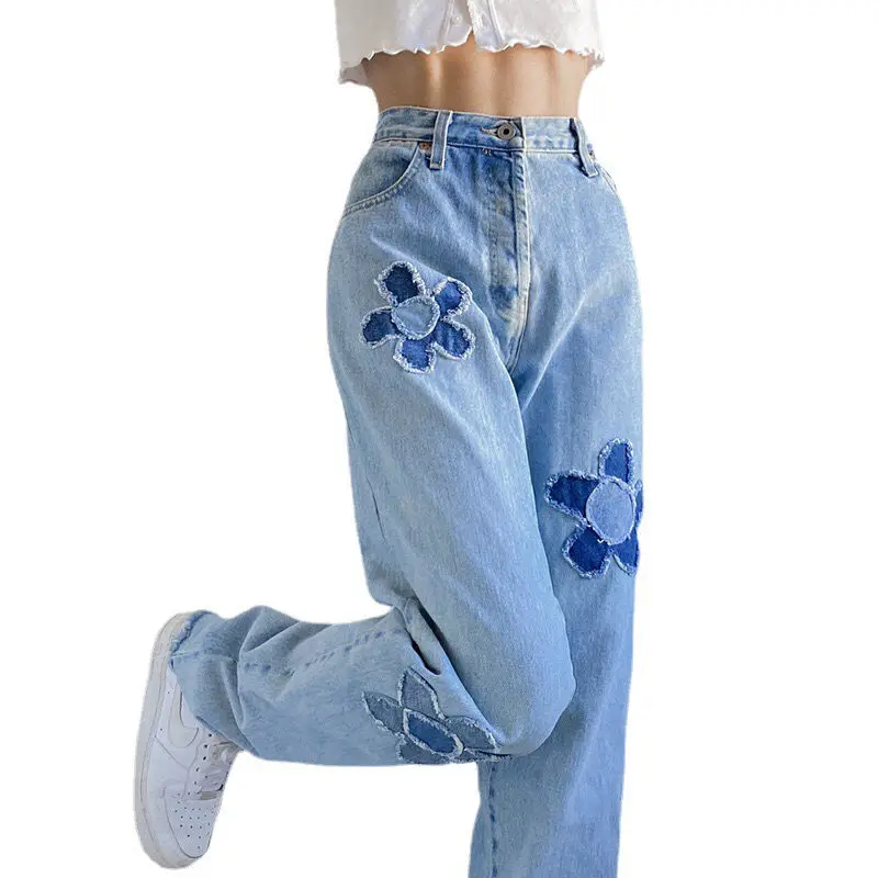 

Женские джинсы с высокой талией, джинсовые брюки с вышивкой, модные корейские синие джинсы, свободные прямые джинсы в стиле пэчворк