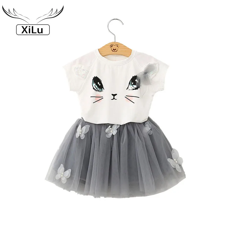 

Children's Cute Cat T-shirt + Butterfly Fluffy Skirt Skirt Toddler Girl Summer Clothes 2021 Kids Boutique Clothing Wholesale