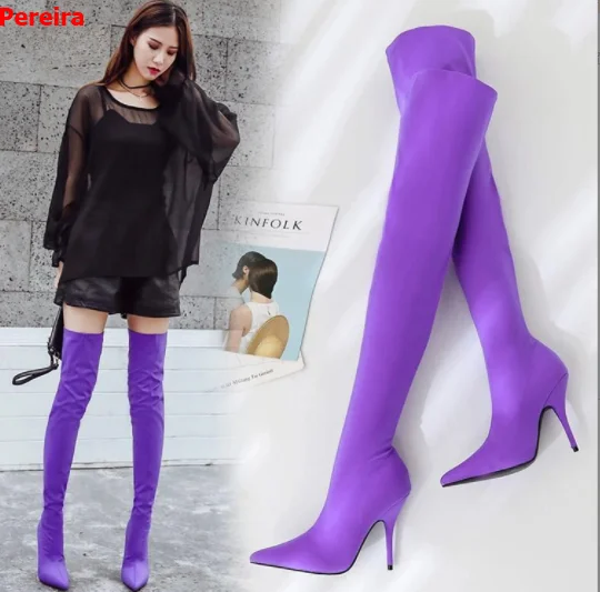 

Ladies sexy purple stiletto over the knee boots Ladies stretch thigh high boots Ladies spring fall boots shoes plus size