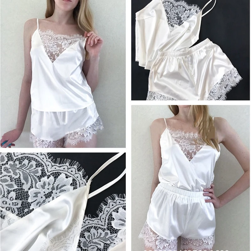 

Sexy Pajama Sets For Women Lace Satin Pijama Summer Nightwear Fashion Lingerie Pyjamas Female Homewear 2 Pieces Set Tops+Shorts