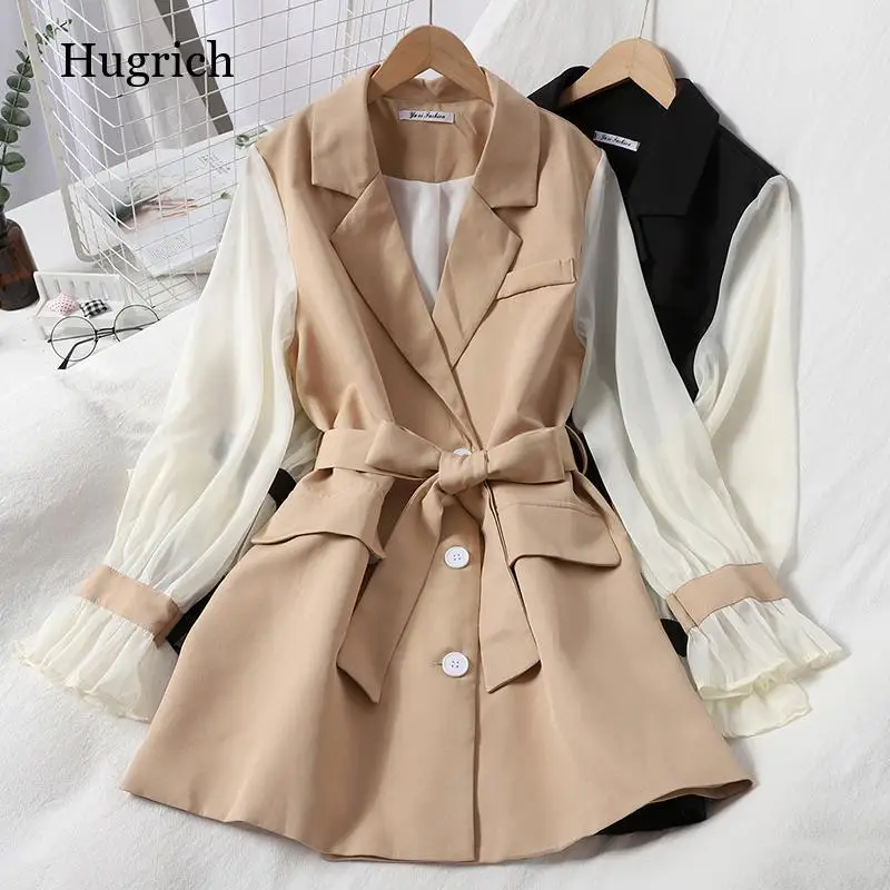 

Women Dress Autumn 2021 Fashion Patchwork Chiffon Long Sleeve Sashes Temperament Notched Collar Korean Gentleness Dresses