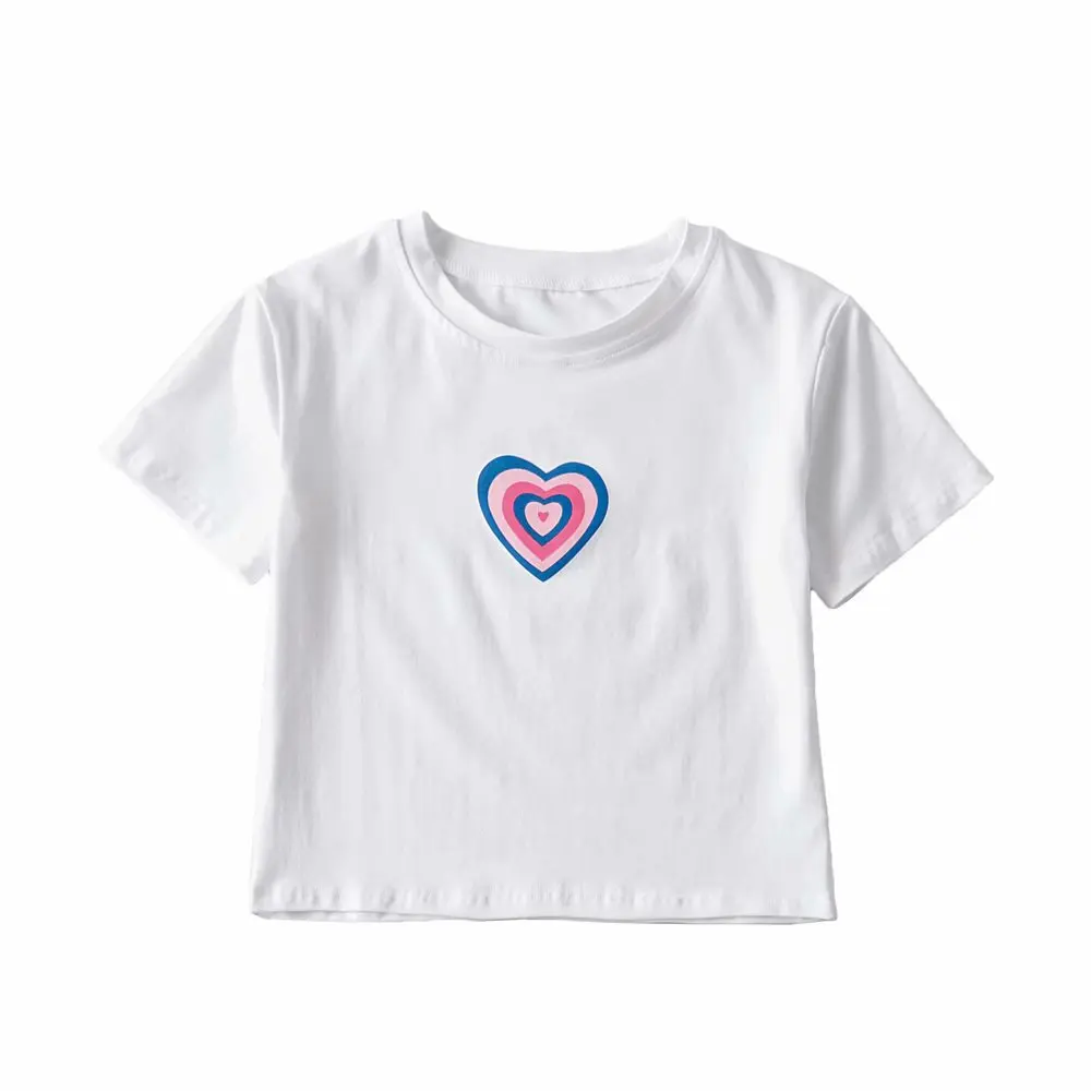 

Women Printed Heart T Shirt Round Neck Tee Short Sleeve Cotton Crop Top Autumn Streetwear