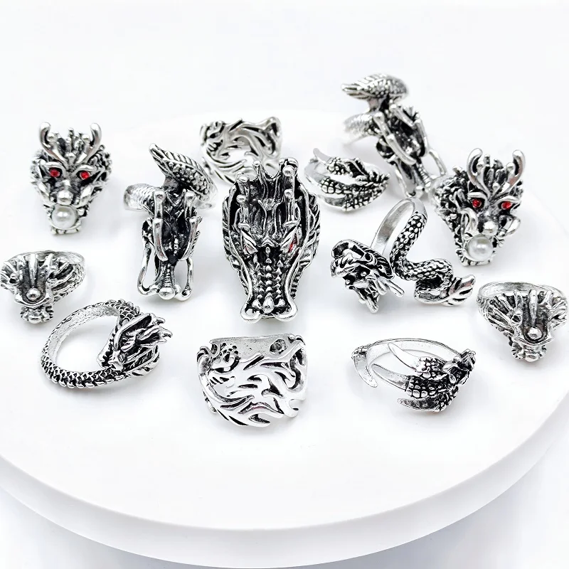 10 Pcs/Lot Punk Gothic Dragon Animal Rings for Men and Women Mix Wholesale Claw Antique Silvery Vintage Jewelry Party Gift Anel images - 6