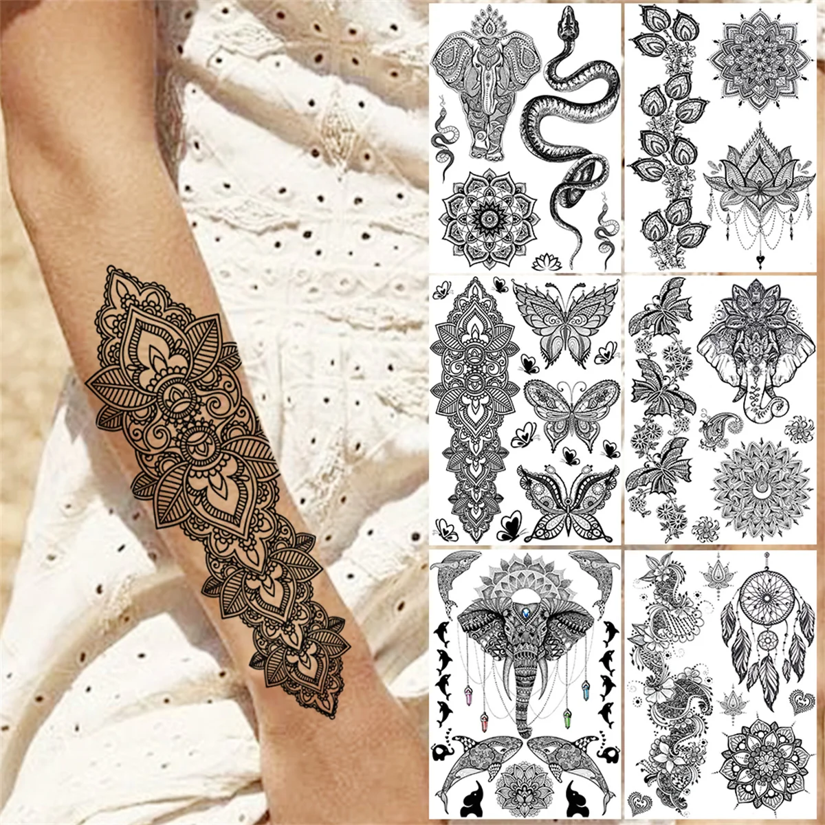 

Waterproof Henna Flower Temporary Tattoos For Women Girl Butterfly Tribal Tattoo Sticker Fake Ttibal Elephant Black Snake Tatoos