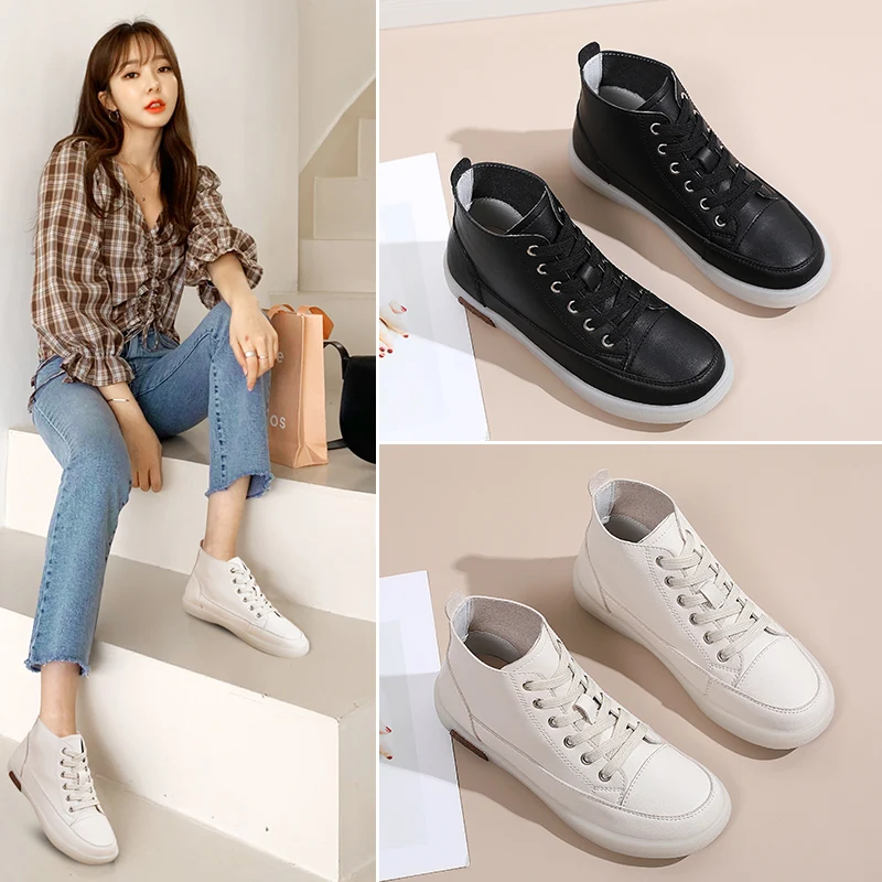 Women New Fashion Cow Split Casual Ankle Boots Ladies All-match Breathable Comfy Leather Shoes Lace-up Leisure Mid-high Footwear