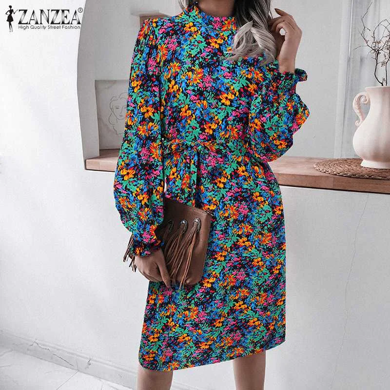 

Bohemian Party Sundress Women Elegant Long Puff Sleeve Kaftan ZANZEA Casual O Neck Floral Vestidos Autumn Slim Beach Midi Dress