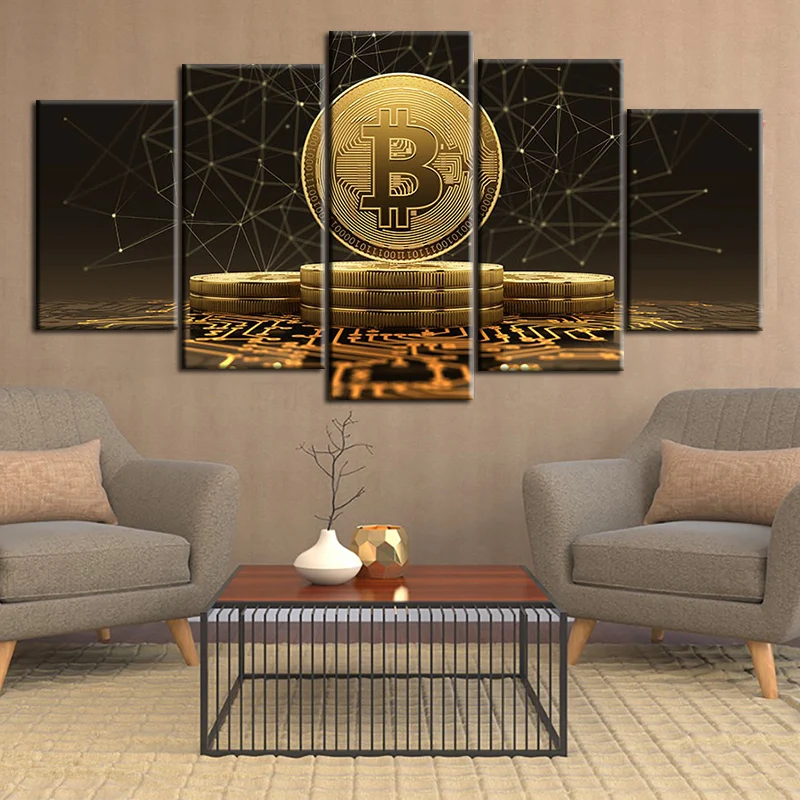 

5Pcs Bitcoin Modern Abstract Money Canvas Painting Fintech Poster Print Wall Art Virtual Currency for Living Room Home Decor