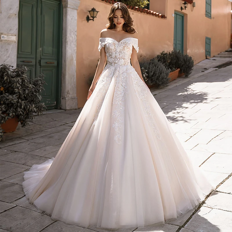 

Eightree Sweetheart A Line Wedding Dresses Lace Appliques Off Shoulder Bride Dress Court Train Bridal Gown Custom Plus Size