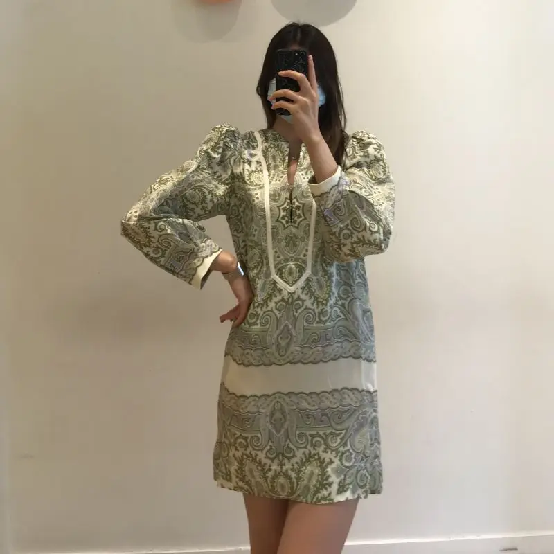 

2021 Summer Retro New Ethnic Style Loose Long-sleeved Slim Printed Dress