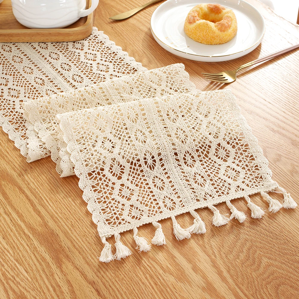 

Hollow Lace Table Runner with Tassel Cotton Crochet Table Runner for Wedding Decor Coffee Tea Tablecloth Pastoral Table Cloth