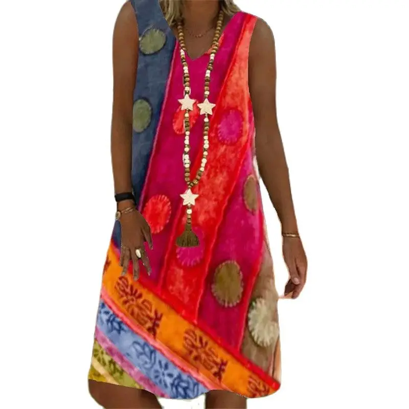 

Женское Повседневное платье без рукавов, свободное платье средней длины с принтом, V-образным вырезом, лето 2021
