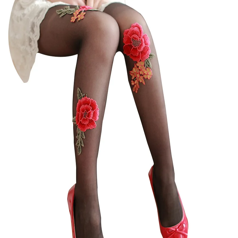 Stockings Female Summer Long Socks Women's Pantyhose Sexy Handmade Embroidered Tights Big Red Flowers Thin Leggings for Girls