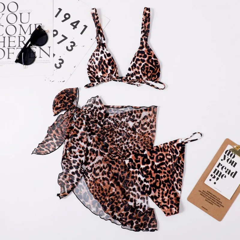 

Комплект бикини из 3 предметов, сексуальные сетчатые леопардовые стринги, купальник с открытой спиной, женский пляжный купальный костюм с н...