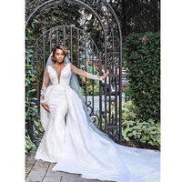 2020 long mermaid wedding dresses detachable train luxury lace applique beaded long sleeve plus size wedding gown robe de mariee