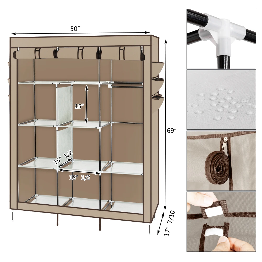 

Hot 69 Inch Non-woven Cloth Wardrobe Fabric Closet Assembled Cloth Wardrobe Rack Waterproof Clothing Storage Cabinet Furniture