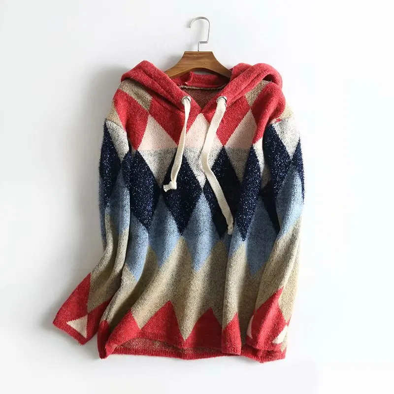 Женский винтажный свитер с геометрическим рисунком Za Свободный пуловер узором