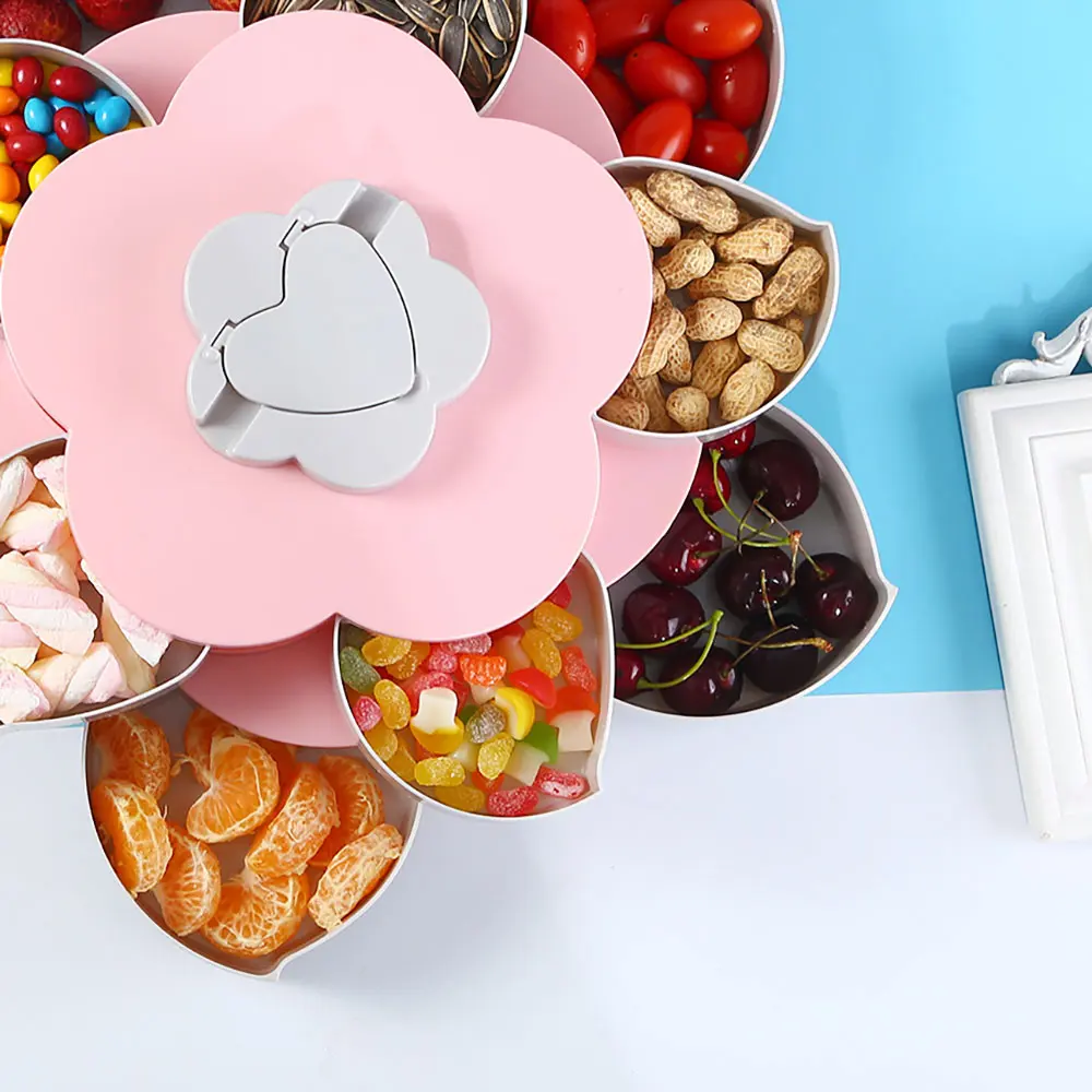 

Creative Flower Petal Fruit Plate Candy Storage Box 5 Grids Nuts Snack Tray Rotating Flowers Food Gift Box For Party Wedding