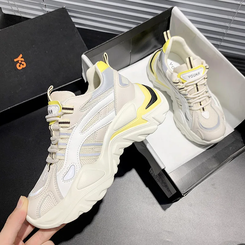 

2020Women's Fashion Vulcanize Shoes Women Shoes Breathable Mesh Mixed Colors Lace-Up Women Chunky Sneakers Size 35-40