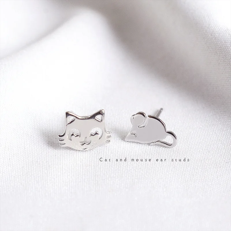 ElfoPlataSi Genuine Fashion 925 Sterling Silver Sweet Asymmetric Cat Mouse Stud Earring For Women Fine Jewelry Gift DA500 | Украшения и