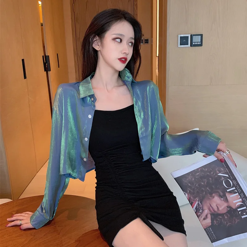 

Streetwear Polarized Shirt Women's High-Grade Short Shirt Nightclub Party Loose Woman Solid Shiny Long Sleeve Cropped Tops Coat