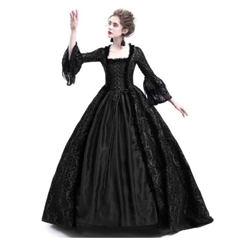 Larp Halloween Velvet Witch Princess noble Long Dress Adult Costume Cosplay Outwear Gothic Medieval Dress trumpet Queen Costume