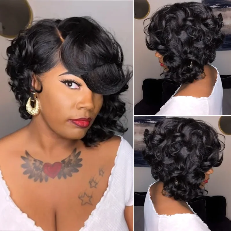 

Ladies Short Black Brown Mix Wavy Wig With Side Part Bangs Nature Looking For Black Women Synthetic Wig For Daily Party Use