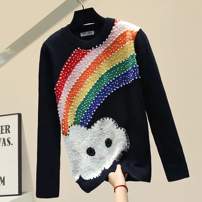 

Rainbow Beaded Autumn Sweater Women 2020 Jumper New Pull Jacket Loose Oversized Knitted Top Spring and Autumn Female Sale